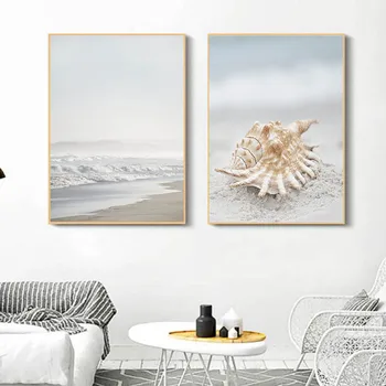 Jūras ainava Beach Audekls Gliemežvāku Apgleznošana Sienu Mākslas Jūras Piekrastes Plakātu drukāšana Vannas istaba, Dzīvojamā Istaba Dekori cuadro