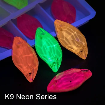 K9 Neona Vītolu Lapas Piešūt Rhinestones 10*20mm 5 Krāsas Glitter Stikla Kvēlojošs Apģērba Apdare