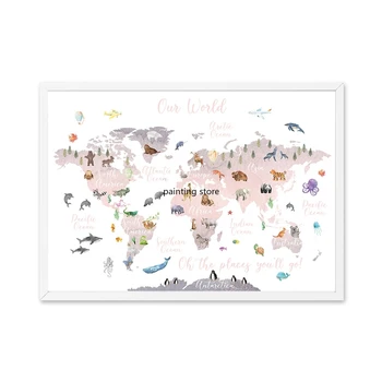 Kanvas Glezna Izglītības Plakātu Dzīvnieku Pasaules Kartes Attēlu Bērniem Plakātu un Izdrukāt Sienas Gleznojums Bērnu Kid Guļamistaba, Mājas Dekoru
