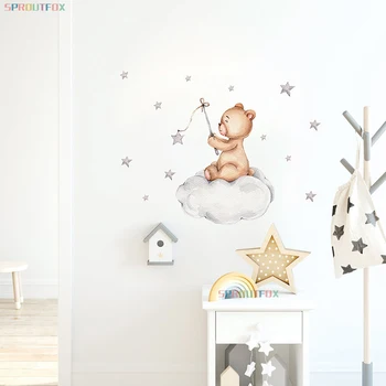 Karikatūra Dzīvnieku Lācis un zvaigznes, Sienas Uzlīmes Bērnu Istabas Bērnu Zēniem Bērnistaba, Guļamistaba Modern Home Dekoratīvie
