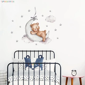 Karikatūra Lācis Sienas Uzlīmes Bērnu Istabas, Bērnu Zēniem Bērnistaba, Guļamistaba Dzīvniekiem, kas Guļ uz Mēness Uzlīmēm, Ziemeļvalstu