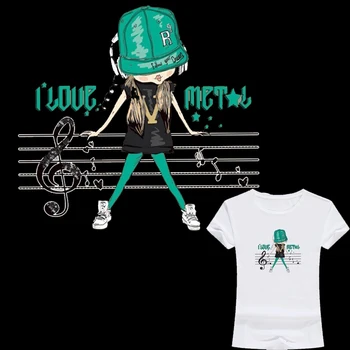 Karikatūra mūzikas meitene fona PVC plāksteris deju ar siltuma pārneses drukāšanas drēbes, dzelzs sieviešu T-krekls ielāpus apģērbi