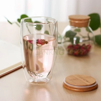 Karstumizturīga Tējas Stikla Kauss ar Bambusa Segtu Tīru Dubultās Sienas Stikla Krūze Kafijas Roku darbs Creative Pārredzamu Drinkware