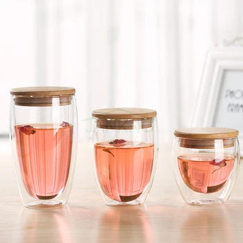 Karstumizturīga Tējas Stikla Kauss ar Bambusa Segtu Tīru Dubultās Sienas Stikla Krūze Kafijas Roku darbs Creative Pārredzamu Drinkware