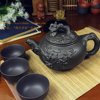 Karstā Pārdošanas Tējkanna Ķīnas Porcelāna Yixing Zisha Tējas Katlā, 400 ml + 3 Tases 50ml Kung Fu Tējas Komplekts Tējkannas Roku darbs Zisha Keramikas Tējkanna