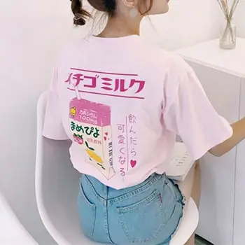 Kawaii Sieviešu T-krekls Harajuku Zemeņu Piena Lodziņā Pasaku Kei Krekli ar Īsām Piedurknēm O-veida Kakla Gadījuma Zaudēt Tees Elpojošs Modes Topi