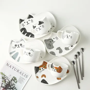 Kaķis Keramikas Kafijas Krūze Uzstādīt Handgrip Dzīvnieku Krūzes Ar Paplāti Radošo Drinkware Kafijas Tējas Tases Jaunums Piena Kausa Brokastis