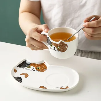 Kaķis Keramikas Kafijas Krūze Uzstādīt Handgrip Dzīvnieku Krūzes Ar Paplāti Radošo Drinkware Kafijas Tējas Tases Jaunums Piena Kausa Brokastis