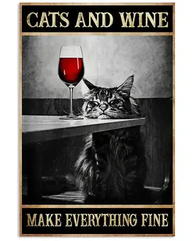 Kaķis un Vīna Darīt Visu Labi,Zemniecisks Nobružāts Joslā Mājas Pub Virtuve, Veļas Lounge Sienas Plāksne Skārda Zīme Metāla Plāksne Dekori