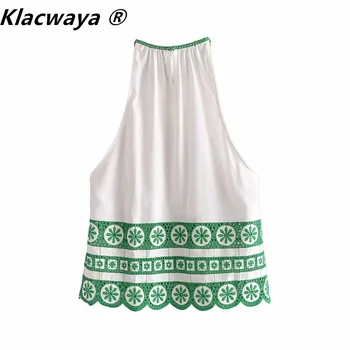 Klacwaya Ir 2021. Sievietes Baltā Halterneck Šiks Tops Zaļā Emboidered Kultūraugu Top Modes Izgriezt Bez Piedurknēm, Vasaras Topi Vintage Blūze