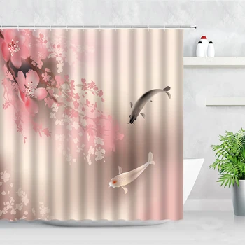 Koi Zivju Dušas Aizkari Ziedi Ķīniešu Stilā Dabas 3D Druka Mūsdienu Mājas Dekoru Āķi Ekrāni Ūdensizturīgs Vannas Aizkaru Komplekts