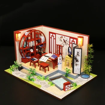 Koka Rotaļlietu Diy Namiņš Miniatūra leļļu Namiņš Roku Lelle, Mājas mēbeles, Mēbeles Puzzle Salikt 3d Miniaturas Modelis Rotaļlietas Bērniem