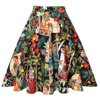 Kokvilnas Melni Svārki Vintage 50s 60s Ziedu Iespiesti Vasaras Svārki Ir 2021. Sievietes Augsta Vidukļa Audrey Hepburn Līnijas, Šūpoles Svārki