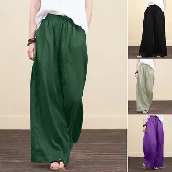 Kokvilnas Veļa Plaša Kāju Bikses, Sieviešu Apģērbs Ir 2021. Gadījuma Augsto Vidukli, Zaudēt Kabatas Bikses Sievietēm Ilgi Pantalon Plus Lieluma