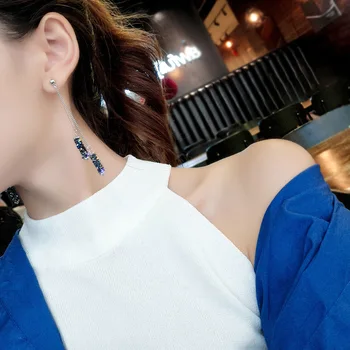 Korejas modes high-end radošo zilā kristāla pušķi auskari temperamentu ilgi ģeometriskā kulons auskari