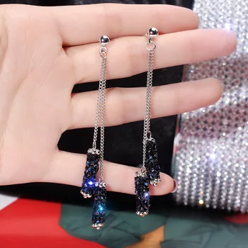 Korejas modes high-end radošo zilā kristāla pušķi auskari temperamentu ilgi ģeometriskā kulons auskari