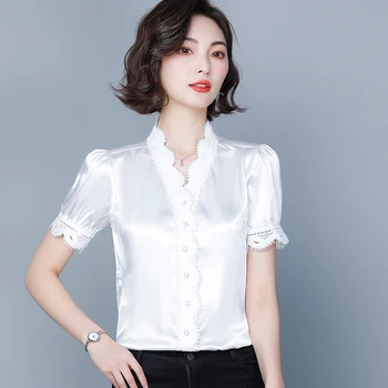 Korejas Modes Zīda Sieviešu Blūzes Satīna Birojs Dāmu Krekls un Mežģīņu Blūze ar Īsām Piedurknēm Blusas Zaudēt Sieviešu Topi un Blūzes