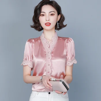 Korejas Modes Zīda Sieviešu Blūzes Satīna Birojs Dāmu Krekls un Mežģīņu Blūze ar Īsām Piedurknēm Blusas Zaudēt Sieviešu Topi un Blūzes