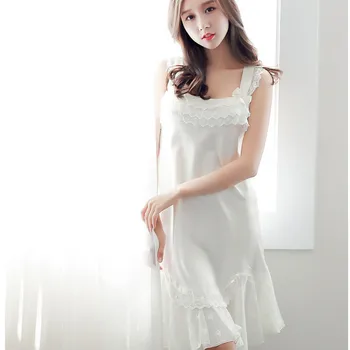 Korejas Sieviešu Sexy Linga Nightdress Princese Gudrs Mežģīnes Vasaras Karstā Baltā Piedurknēm Miega Kleita Homewear Zeķu Naktskrekls