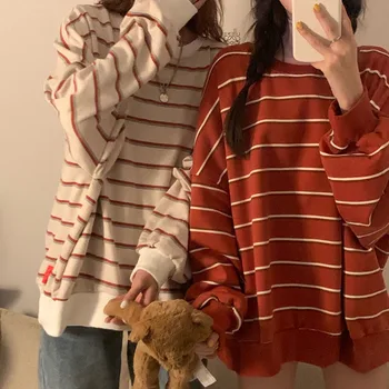 Korejas Svītrainām Drukāt Sieviešu T-Krekls Stilīgs Zaudēt ar garām Piedurknēm ar Apaļu Kakla Tees Sieviešu Koledžas Stila Plus Lieluma Pavasarī Topi Dāmas