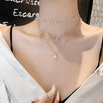 Korejiešu Jaunā Gudrs Zircon Tauriņš Sānslīdi Kaklasaite Kaklarota Sievietēm Multi Layer Pērle Īss Collares Rotaslietas