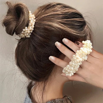 Korejiešu Stilā Ir 2021. Pērles Šifona Elegants Sieviešu Meitenes Elastīgs Hairband Scrunchies Lentes Retro Galvas Matu Aksesuāri Cepures