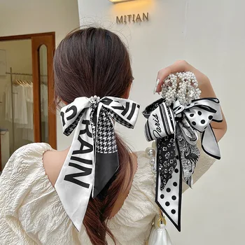 Korejiešu Stilā Ir 2021. Pērles Šifona Elegants Sieviešu Meitenes Elastīgs Hairband Scrunchies Lentes Retro Galvas Matu Aksesuāri Cepures