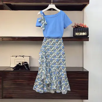 Korejiešu Stilā, Mežģīnes-Up Pie Pleca Ar Īsām Piedurknēm Topi + Elastīgs Viduklis Drukāt Midi Savirmot Svārki Uzvalks Sieviešu Modes 2 Gabals Svārki Komplekts