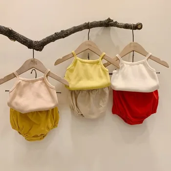 Korejiešu Stilā, Vasaras Baby Toddler Meitene tīrtoņa Krāsu Vienkārša Kokvilnas Zeķu Veste+PP Bikses, Uzvalks, Baby Meiteņu Apģērbu Komplekti