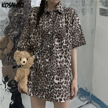 KOSAHIKI Leopards Drukāt Krekli Sievietēm ar Īsām Piedurknēm Gadījuma Lielajam Harajuku Stils Ulzzang Streetwear Vintage Sieviešu Blusas