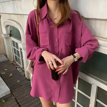 Krekli Sievietēm, Cietā Savukārt Apkakle Kabatas Lielajam Streetwear Visu maču Violeta Šiks Harajuku Vintage Atpūtas Studentiem Krāsains