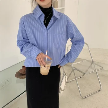 Krekli Sievietēm, Svītrainām Zaudēt BF Retro Studentiem Pārvietoties Mid-garums Streetwear korejiešu Stilā Visu maču Classic Kabatas Elegants Dizains