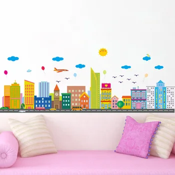 Krāsains pilsētas Dzīvojamā Istaba Guļamistaba Sienas Uzlīmes Bērniem Telpām gaisa balonu Sienas uzlīmes Bērniem Bērnudārzos, Istabas Dekori