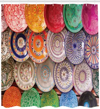 Krāsains Plāksnes Marokas Dušas Aizkars Vannas Dekoru Poliestera Audums, Vanna, Aizkars Ar Āķi Pelējumu Ūdensizturīgs