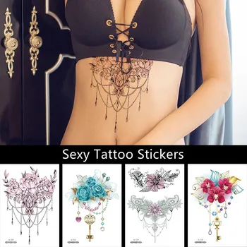 Krāsains Sexy Body Art Ūdens Nodošanu Ūdensnecaurlaidīgus Pagaidu Tetovējumu Uzlīmes Sievietēm, Vīriešiem Krūtīm Mežģīņu Henn Ziedu Roku Viltus Tetovējumiem