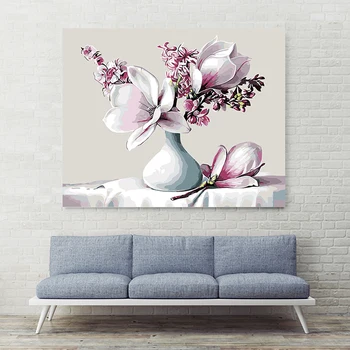 Krāsu skaits mākslas glezna ar numuriem, Dekoratīvais krāsojums magnolijas zieds pudeli un ziedu mūsdienu saglabāšana