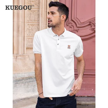 KUEGOU Vīriešu Polo krekls ar Īsām Piedurknēm Vasaras Modes Piqué Polos Nest Izšuvumu Augšdaļā Balts Slim Fit Plus Lieluma ZT-90014