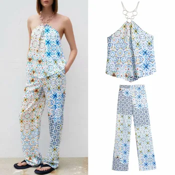 KUMSVAG Sieviešu Vasaras Modes Drukāt Tērpi 2-gabals Komplekti ir 2021. ZA Camis Topi un Bikses Sieviešu Elegants Saldās Ielas Drēbes