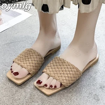 Kvadrātveida kājām, plakana papēža, austi sandales un čības sieviešu ārējo valkāt 2021. gada vasarā jaunu soft-soled liela izmēra pludmales apavi