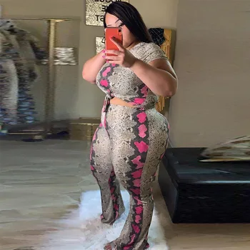 L-4XL vasarā ir 2021. Plus Lieluma Komplekti, Sieviešu apģērbu Modes sexy čūska drukāt īsām piedurknēm augšu un bikses divi gabali apģērbs, Vairumtirdzniecība