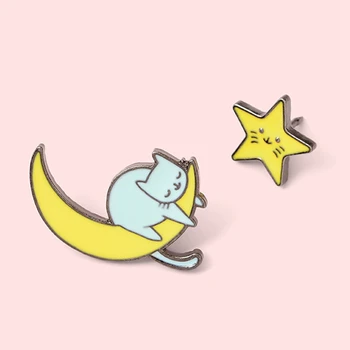 Labas Emaljas Pin Little Star Mēness Miegains Kaķis Žetons Karikatūra Kawaii Dzīvnieku Broša Atloks Pin Vairumtirdzniecības Dāvana Draugiem Bērni