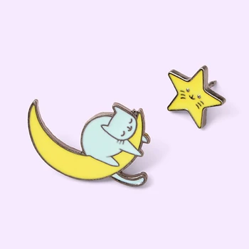Labas Emaljas Pin Little Star Mēness Miegains Kaķis Žetons Karikatūra Kawaii Dzīvnieku Broša Atloks Pin Vairumtirdzniecības Dāvana Draugiem Bērni