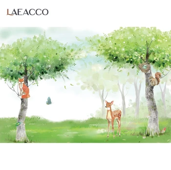 Laeacco Jaundzimušo Bērnu Duša Foto Fons, Akvarelis, Meža Koku Un Safari Dzīvnieku, Bērnu Dzimšanas Dienas Svinības Fona Foto Studija