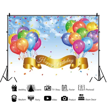 Laeacco Krāsainiem Baloniem Lentes Dzimšanas Dienas Svinības Banner Poster Dekoru Fotogrāfijas Fons Foto Fona Foto Studija