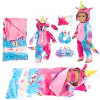 Laimīgs Elfin Gudrs Unicorn Lelle Drēbes Pidžamu guļammaisi, Spilveni Acu Maskas 6pcs-Komplekti 18 Collu 43cm Jauns Bērnu Lelles Apģērba