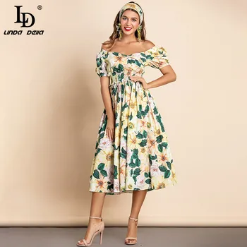 LD LINDA DELLA 2021. gada Vasaras Jaunā Modes Kokvilnas Kleita Elastīgs viduklis Sievietēm Puff Piedurknēm Camellia drukāt Bohēmijas Ilgu Atvaļinājumu Kleita