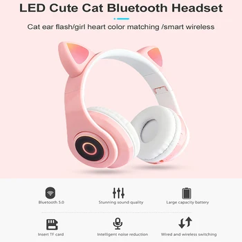 LED Kaķu Ausu Austiņas Bluetooth 5.0 Trokšņa Slāpēšanas Pieaugušajiem, Bērniem, meitene Austiņas Ar LED Gaismas Skaļuma Kontrole Salokāma