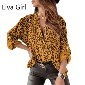 Leopards Drukāt Krekls Ar Garām Piedurknēm Pogas Uz Augšu Topi Plus Lieluma Sieviešu Blūze Top Lielajam Blūzes Dzelteno Krāsu Gadījuma Zaudēt Blusas