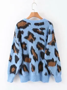 Leopards Drukāt Trikotāžas Rudens Džemperis Sievietēm 2019 Ziemas Vaļēju Apkakli Lielajam Sieviešu Modes Blusas Mujer De Moda O-veida Kakla ZA