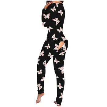 Liela izmēra Sexy Sieviešu Pijamas Onesies Sieviešu Pogu uz leju Tauriņš Drukāt Funkcionālās Buttoned Atloks Pieaugušajiem Jumpsuit